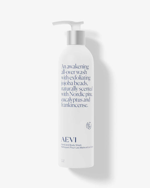 Aevi Awakening Hand and Body Wash with exfoliating jojoba beads and Nordic pine